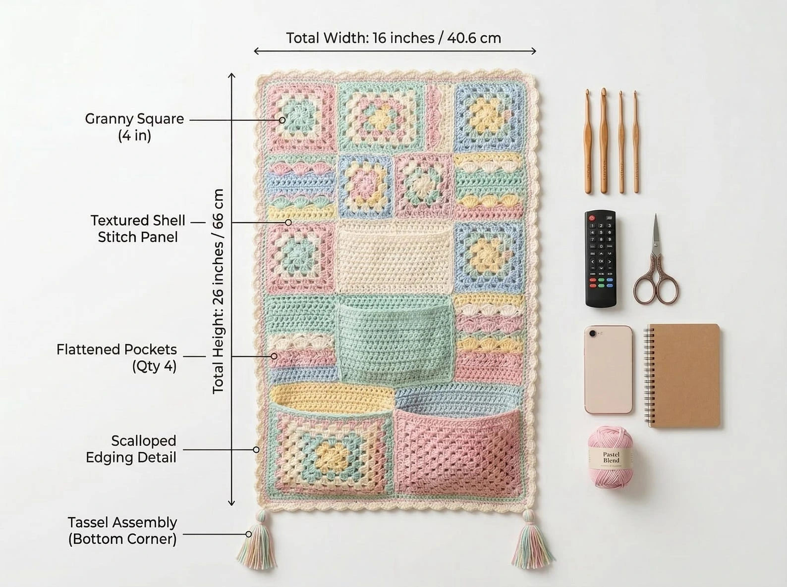 Crochet Sofa Arm Organizer Pattern | Padded Quilted Remote Holder