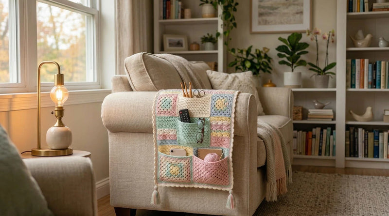 Crochet Sofa Arm Organizer Pattern | Padded Quilted Remote Holder