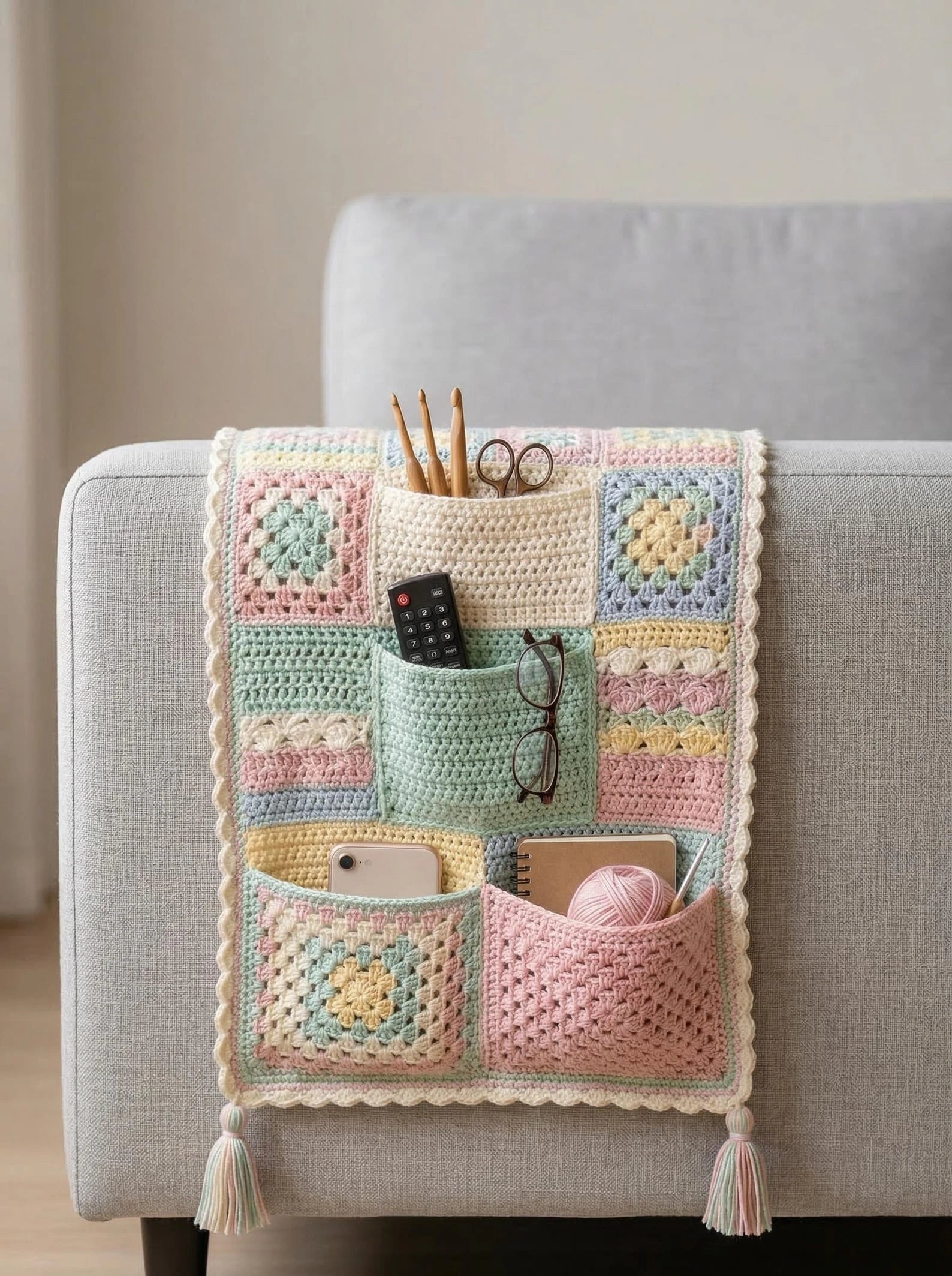 Crochet Sofa Arm Organizer Pattern | Padded Quilted Remote Holder